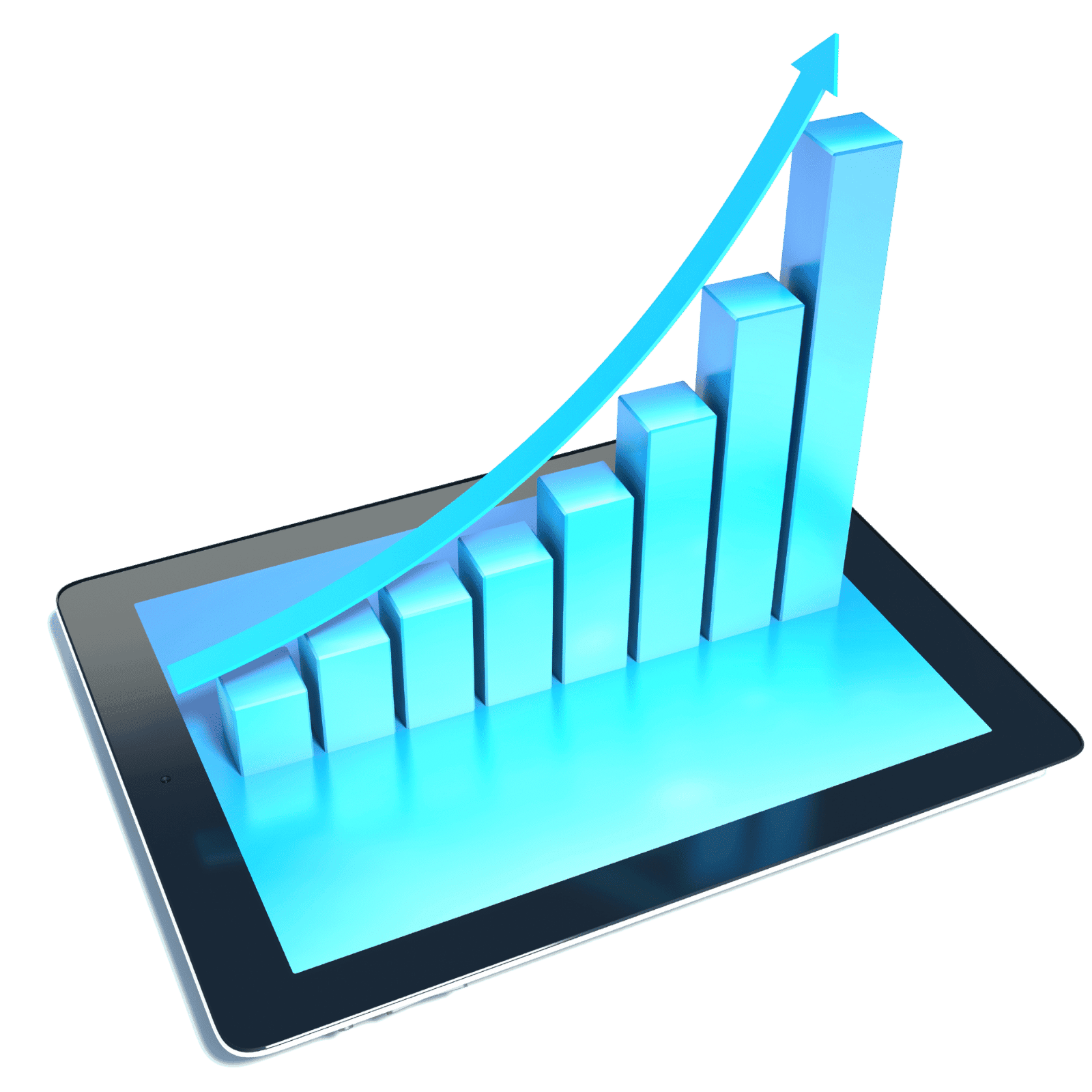Data-Consultant-1.png 3D-Balkendiagramm mit steigender Kurve, das aus einem Tablet-Display herausragt – symbolisiert digitales Wachstum und datenbasierte Geschäftsentwicklung.