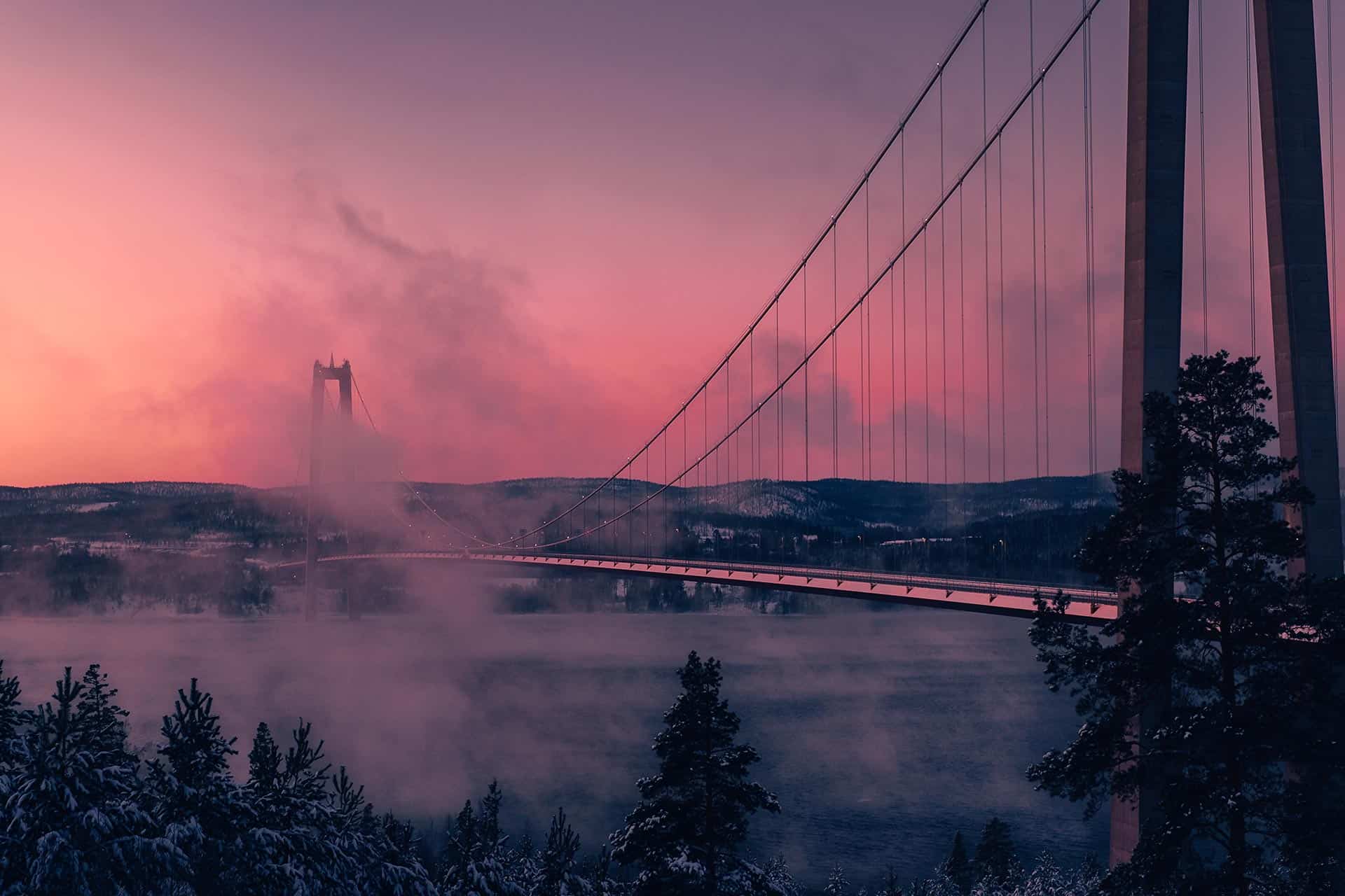 highlights_bg2.jpg Hängebrücke im Winter bei Sonnenuntergang, umgeben von Nebel über einem Fluss und verschneiten Bäumen im Vordergrund – stimmungsvolle Landschaftsaufnahme mit rosa-violettem Himmel.