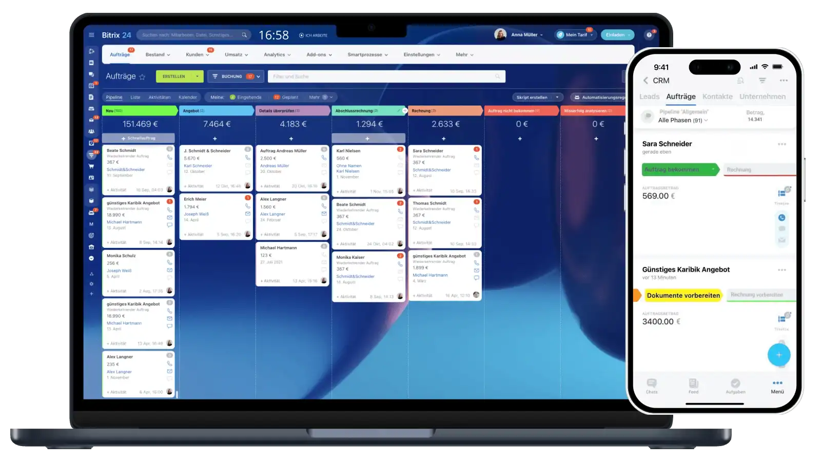 CRM-Oberfläche auf Laptop und Smartphone als Beispiel für praxisnahe CRM Beratung und mobile Vertriebssteuerung