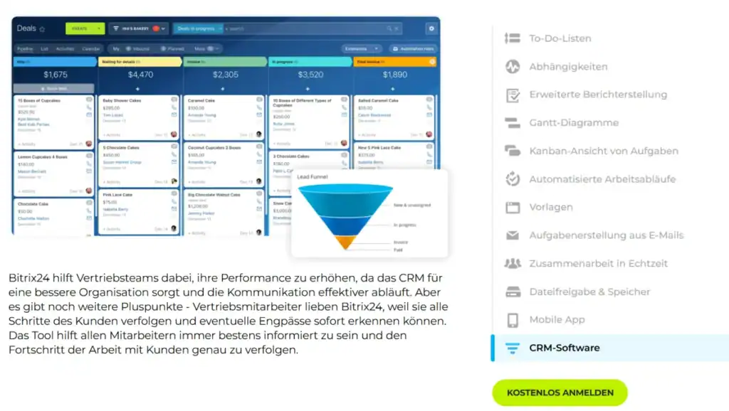 CRM-Oberfläche mit Projektverwaltung, Sales-Funnel und Teamkommunikation