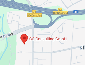 Standortmarkierung der CC Consulting GmbH in Dortmund-Dorstfeld auf einer Karte, nahe der Autobahn A40 und den Ausfahrten DO-Dorstfeld.