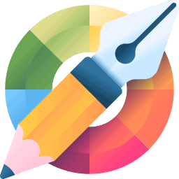 Illustration eines Bleistifts mit Zeichenfeder-Spitze vor einem bunten Farbkreis – Symbol für Grafikdesign oder kreatives Gestalten.