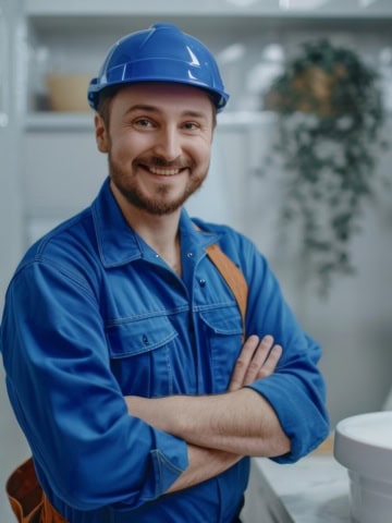 Ein lächelnder Handwerker in blauer Arbeitskleidung und blauem Schutzhelm steht mit verschränkten Armen in einem modernen Raum. Im Hintergrund befinden sich eine grüne Zimmerpflanze und ein Waschbecken, was auf ein Bad oder eine Sanitärumgebung hinweist.