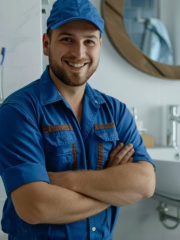 Ein junger Handwerker in blauer Arbeitskleidung und passender Schirmmütze steht mit verschränkten Armen in einem modernen Badezimmer. Er lächelt freundlich in die Kamera, im Hintergrund sind ein Spiegel und ein Waschbecken zu sehen.