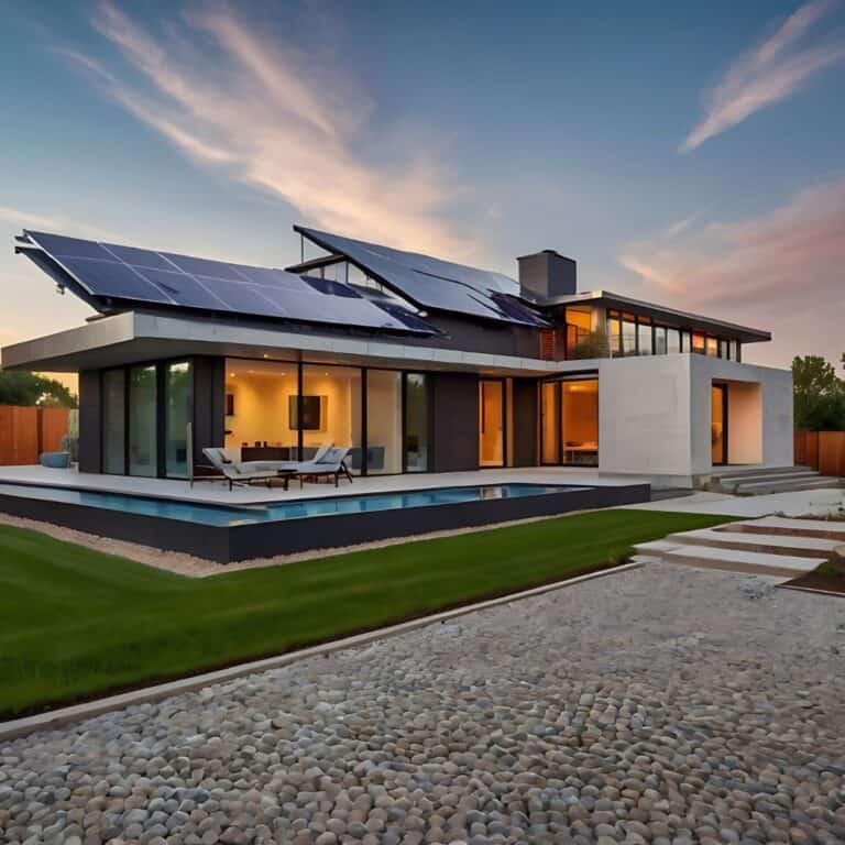 Modernes zweistöckiges Haus mit großen Glasfronten und mehreren Solarpanelen auf dem Dach, umgeben von gepflegtem Rasen, Pool und Kiesweg bei Sonnenuntergang.