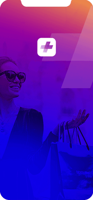 Smartphone-Startbildschirm mit stilisierter Frau beim Shopping und App-Logo mit Pluszeichen auf farbigem Farbverlauf-Hintergrund in Violett und Orange.