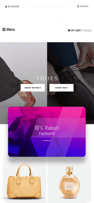 Mobile Onlineshop-Ansicht mit Navigationsleiste, Kategorien für Damen- und Herrenschuhe, 10 % Rabatt-Banner und Produktvorschau einer Handtasche und eines Parfüms.