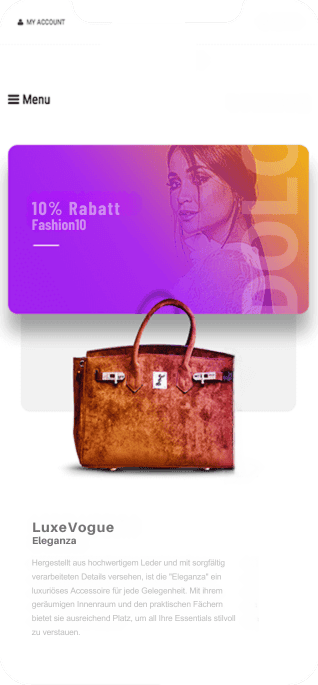 Smartphone-Ansicht eines Onlineshops mit Rabattbanner für Fashion10 und Produktdarstellung einer braunen Luxustasche namens ‚LuxeVogue Eleganza‘.