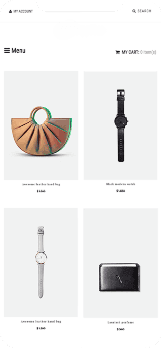 Mobile Produktübersicht eines Onlineshops mit vier Artikeln: Designerhandtasche, zwei Armbanduhren und ein Parfüm.