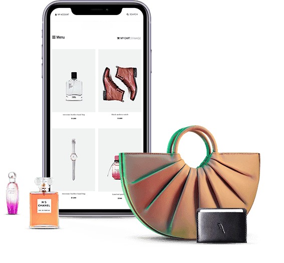Smartphone mit geöffneter Shopping-App zeigt Modeaccessoires wie Parfüm, Uhren, Schuhe und Handtaschen, daneben reale Produkte als dekorative Elemente.