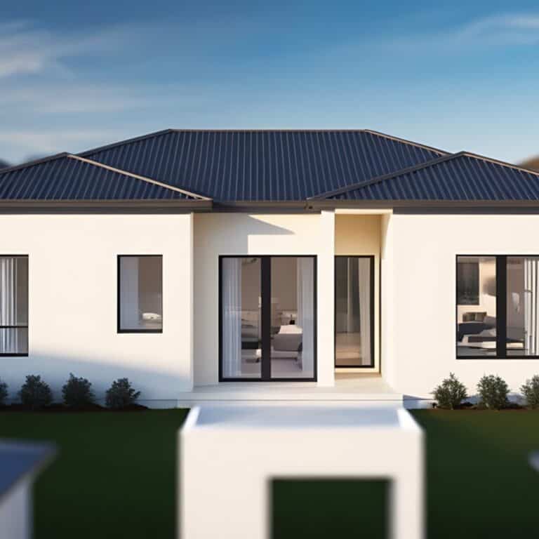 Modernes einstöckiges Haus mit hellem Putz, dunklem Metalldach und großen Fenstern sowie einer zentralen Eingangstür, umgeben von minimalistisch gestalteter Gartenanlage.