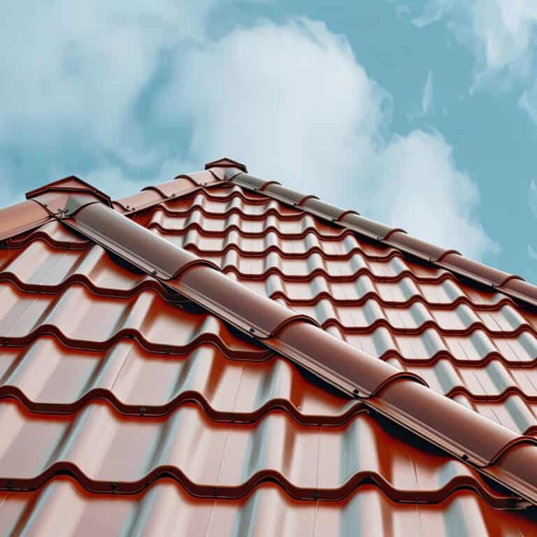 Nahaufnahme eines roten Metalldachs mit gewellten Dachpfannen unter blauem Himmel mit vereinzelten Wolken.