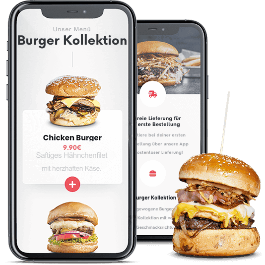 Burger Lieferung App auf Smartphone, schnelle Bestelloptionen, appetitliche Burger-Abbildungen, Online-Bestellung, Food Delivery Service, CC Consulting GmbH.