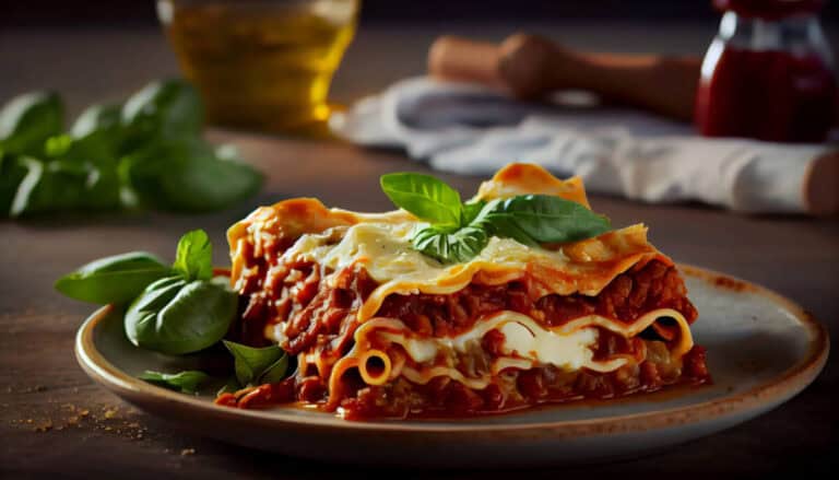 Saftige Lasagne mit Käse und Basilikum, italienisches Gericht.