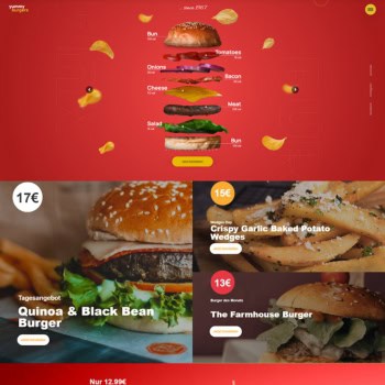 Kreative Website für Burger-Restaurant mit Zutaten-Darstellung und Preisen.