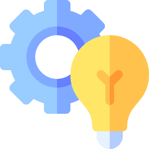 Icon mit einer gelben Glühbirne vor einem blauen Zahnrad – symbolisiert kreative Ideen, Innovation oder die Verbindung von Technik und Einfallsreichtum.