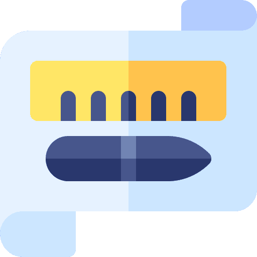 Icon einer ausgerollten technischen Zeichnung mit Maßskala und Objektansicht – Symbol für Planung, Architektur oder Konstruktion.