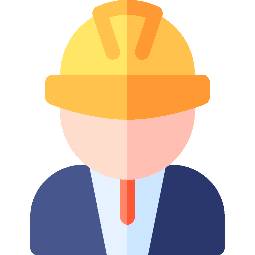Icon eines Bauingenieurs oder Projektleiters mit gelbem Schutzhelm, Anzug und roter Krawatte – symbolisiert Bauleitung oder technische Fachkraft.