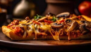 Tomatensuppe mit Käse und Pilzen, frisch gebackene Pizza, italienisches Essen, Food, Restaurant.