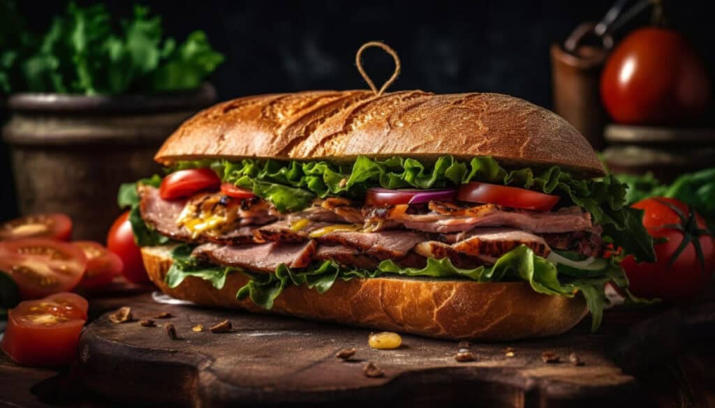 Authentischer Sandwich mit frisch belegtem Brot, Fleisch, Gemüse und Dressing.