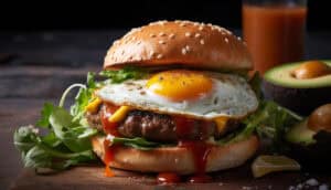 Saftiger Burger mit Ei, Salat und Tomatensauce, Nahaufnahme, köstliches Fastfood.