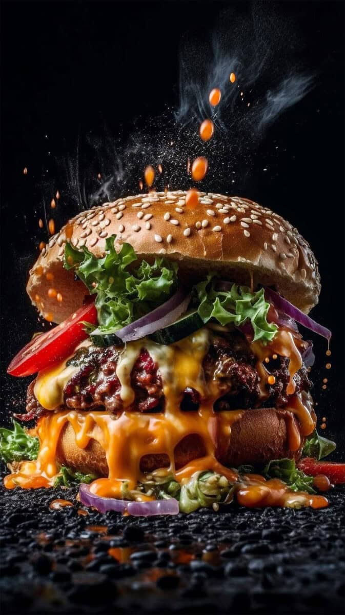 Saftiger Cheeseburger mit frischen Zutaten und geschmolzenem Käse, in Nahaufnahme.