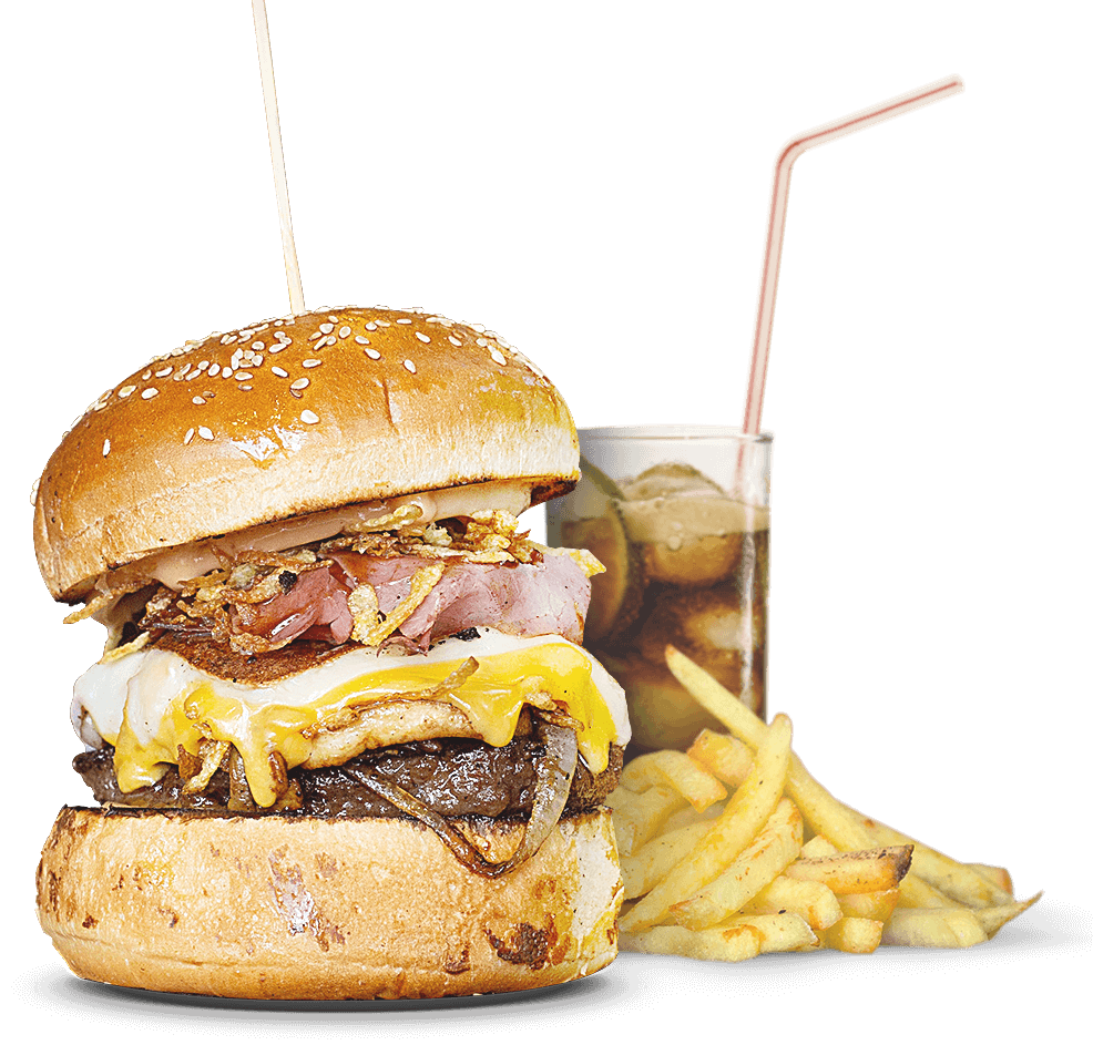 Saftiger cheeseburger mit speck und sirup, fries und cola, fast food, snack, burger, Pommes, Getränk, lecker.