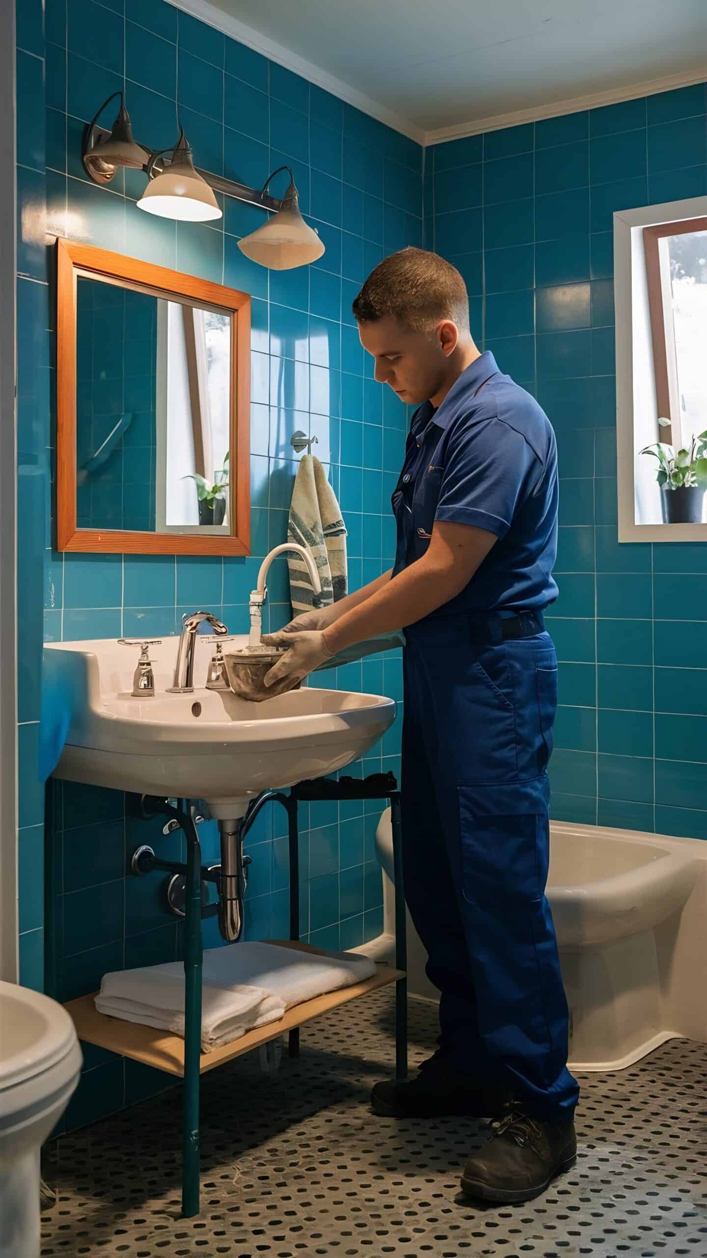 Ein Klempner in blauer Arbeitskleidung arbeitet an einem Waschbecken in einem Badezimmer mit türkisfarbenen Fliesen. Er hält ein Teil des Waschbeckens mit beiden Händen und trägt dabei Schutzhandschuhe. Neben ihm hängen ein Spiegel und ein Handtuch, unter dem Waschbecken liegt ein gefaltetes Handtuch auf einem Regal.