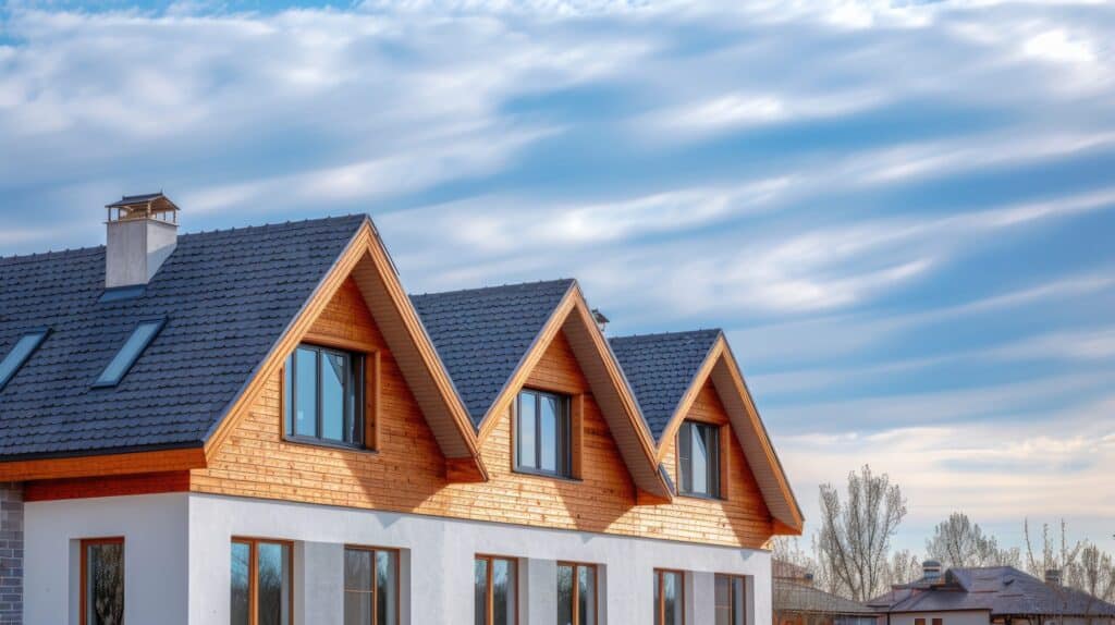 Modernes Wohnhaus mit schwarzem Metalldach und mehreren Giebeln, kombiniert mit Holzverkleidung und weißen Fassaden, unter einem blauen Himmel mit ziehenden Wolken.