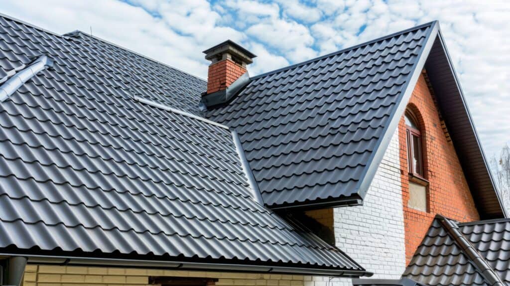 Ein modernes Haus mit einem Dach aus schwarzen, gewellten Metallziegeln. Das Dach verfügt über mehrere Giebel, eine Ziegelsteinkaminverkleidung und ist teils mit weißen und roten Backsteinen gemauert. Der Himmel ist leicht bewölkt.