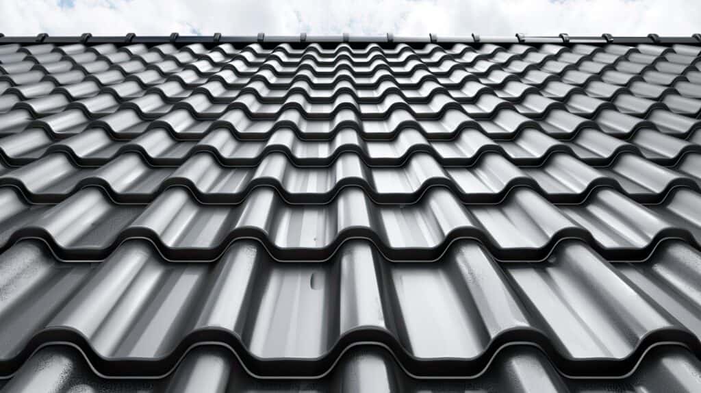 Nahaufnahme eines Daches mit glänzenden, schwarzen Metalldachpfannen in Wellenform, die in regelmäßigen Reihen angeordnet sind, bei bewölktem Himmel.