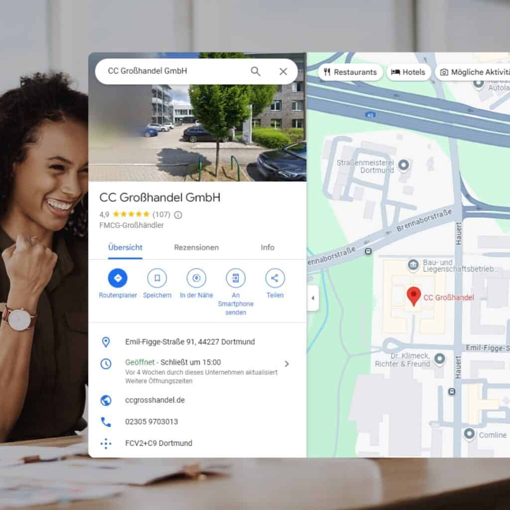 Screenshot eines Google Business-Eintrags von CC Großhandel GmbH in Dortmund, inklusive Adresse, Kontaktdaten, Öffnungszeiten und Standortkarte – Beispiel für lokale SEO-Optimierung.