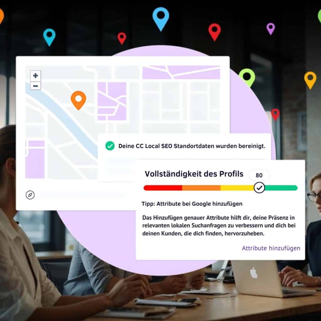 Visualisierung der Optimierung von Standortdaten und Profil-Vollständigkeit für Local SEO, mit einer Fortschrittsanzeige zur Verbesserung der Google-Präsenz