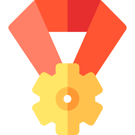 Icon einer goldenen Medaille mit rotem Band in Zahnradform – Symbol für Auszeichnung, Leistung oder technische Exzellenz.