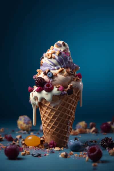 Bunte Eiscreme im Waffelhörn mit Beeren und Schokoladenstücken vor dunklem Hintergrund.
