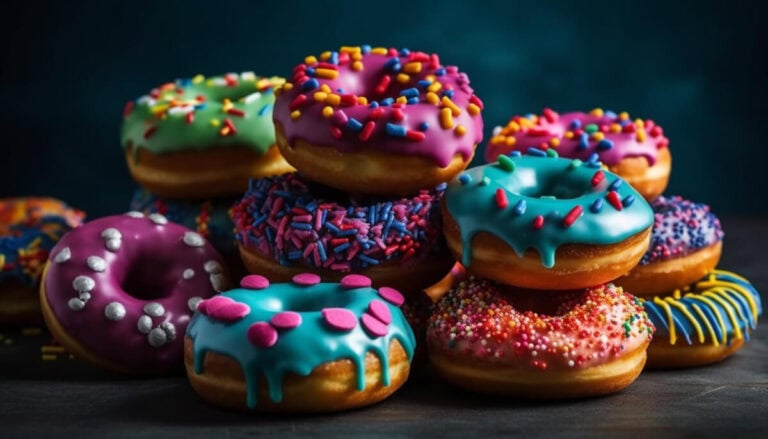 Bunte Donuts mit Zuckerguss und Streuseln, kreative Snack- und Genussidee.