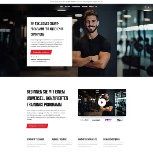Moderne Landingpage eines Personal Trainers mit Online-Trainingsprogramm und Erfolgsgeschichte im Fitnessbereich