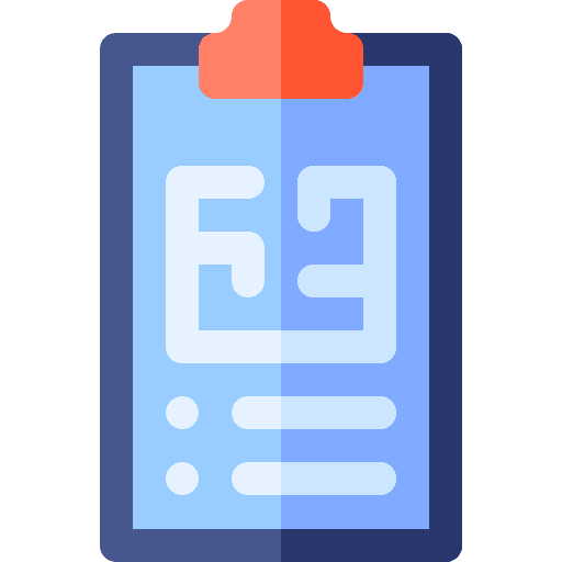 Icon eines blauen Klemmbretts mit einem stilisierten Grundriss und Listenpunkten – Symbol für Bauplanung