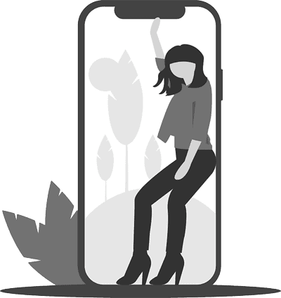 Illustration einer Frau, die in einem großen Smartphone-Display posiert, mit stilisierten Pflanzen im Hintergrund.