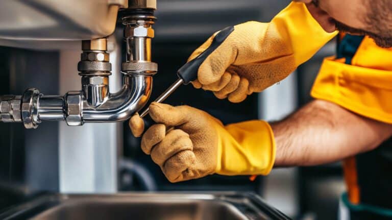 Ein Klempner mit gelben Arbeitshandschuhen und gelber Schutzkleidung repariert ein verchromtes Siphonrohr unter einem Waschbecken mit einem Schraubendreher. Der Fokus liegt auf den Händen und dem glänzenden Metallrohr.