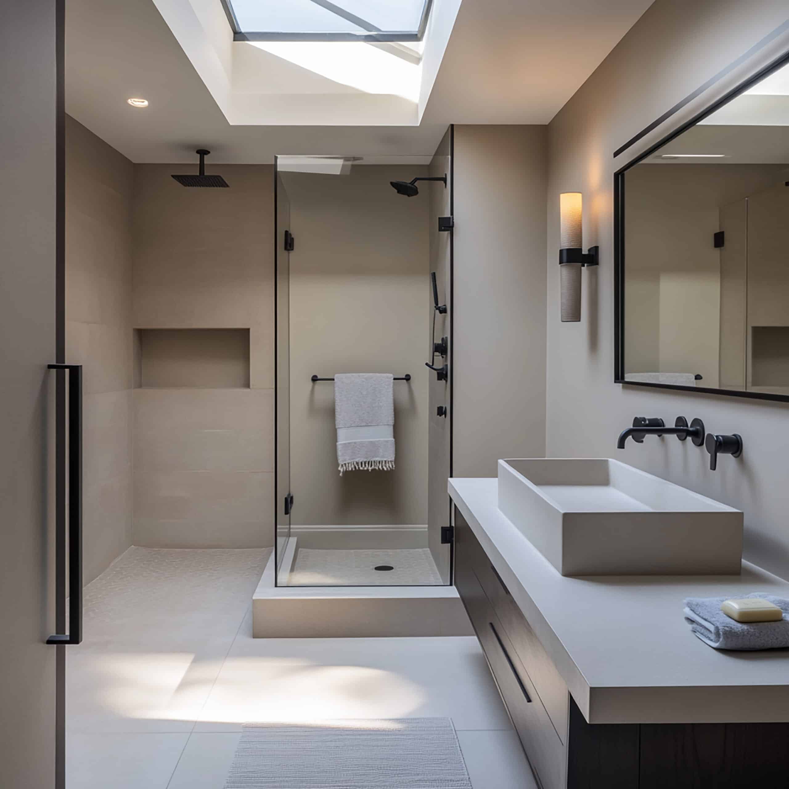 Modernes, minimalistisch gestaltetes Badezimmer mit begehbarer Dusche und Glasabtrennung, Wandarmaturen in Schwarz, rechteckigem Aufsatzwaschbecken und Oberlicht, das natürliches Licht hereinlässt. Die klaren Linien und neutralen Farben schaffen eine elegante, ruhige Atmosphäre.