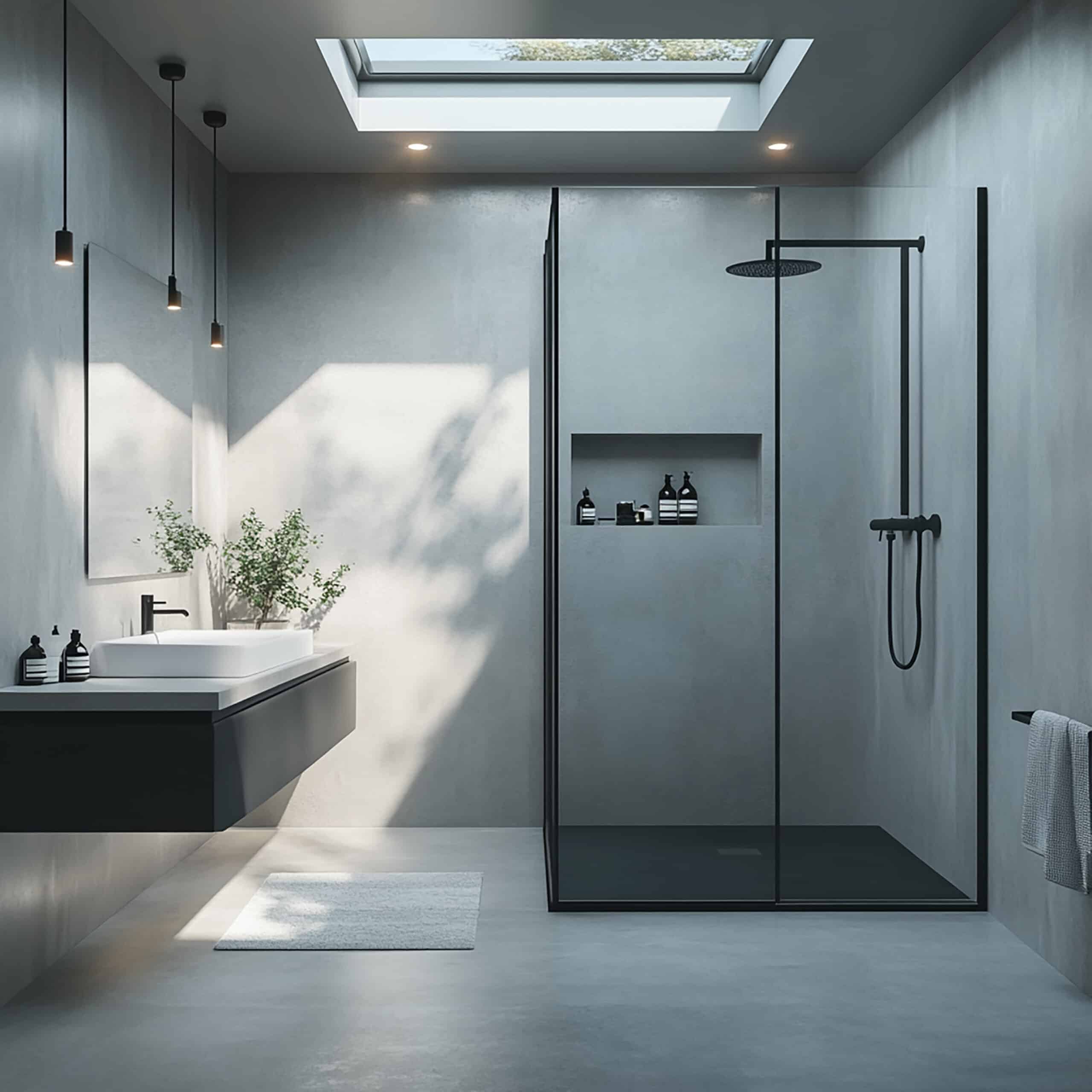 Ein modernes Badezimmer mit puristischem Design, grauen Betonwänden und einer bodenebenen Dusche mit schwarzem Rahmen und Regenduschkopf. Links befindet sich ein schwebender Waschtisch mit Aufsatzbecken, schwarzer Armatur und einer Pflanze als Dekoration. Ein Oberlicht bringt Tageslicht in den Raum.