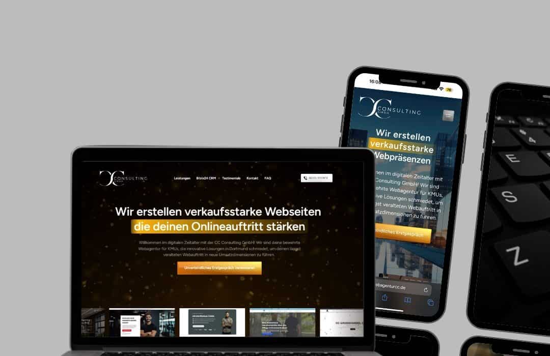 Website erstellen lassen. Darstellung einer responsiven Website von CC Consulting auf Laptop und Smartphone – moderne Webdesign-Lösungen für Desktop und Mobilgeräte.