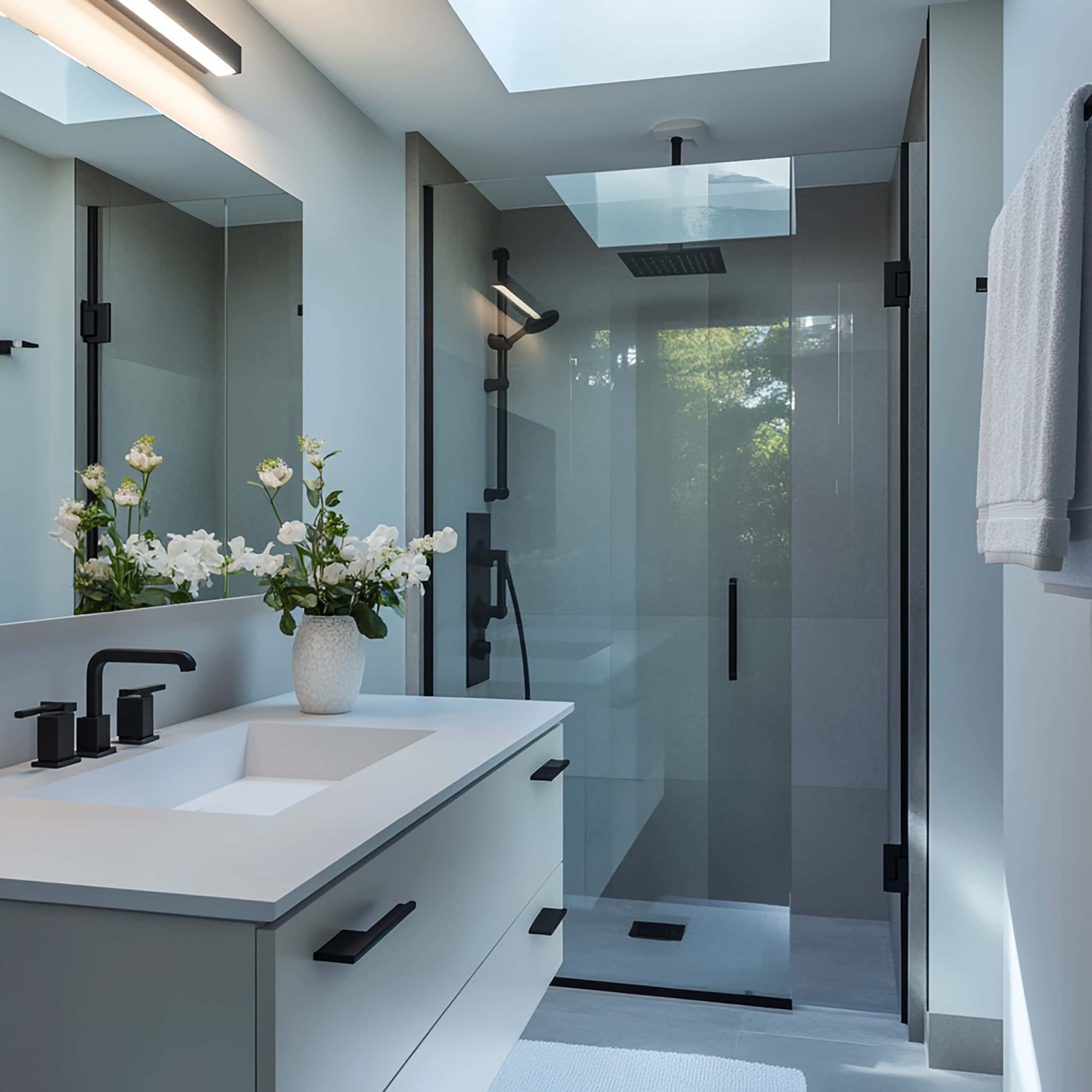 Modernes Badezimmer mit eleganter Waschtischanlage, weißer Oberfläche und schwarzer Armatur. Eine Glasdusche mit Regenduschkopf und Oberlicht lässt natürliches Licht herein. Frische weiße Blumen in einer Vase setzen einen dekorativen Akzent auf dem Waschbecken.