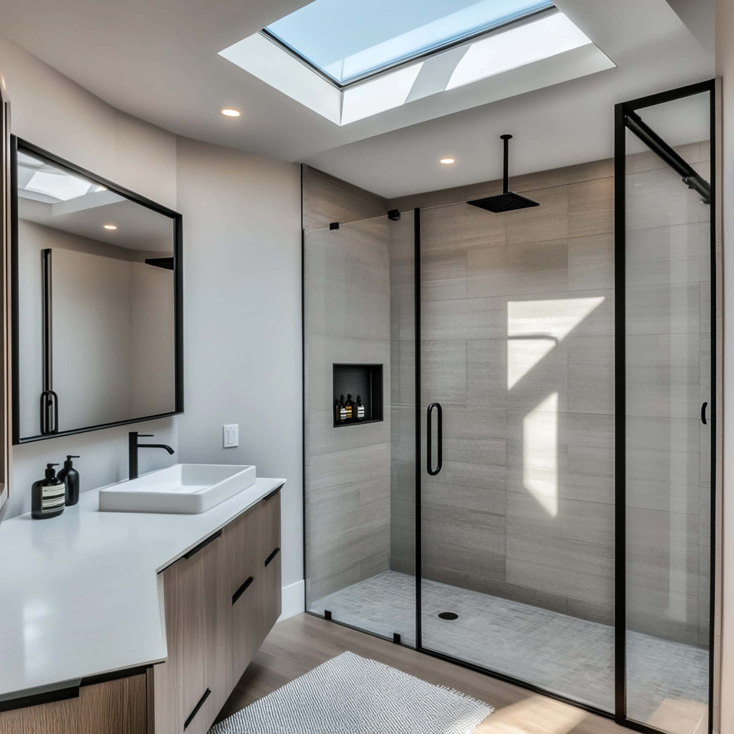 Ein modernes Badezimmer mit klaren Linien, begehbarer Dusche mit rahmenloser Glasabtrennung und schwarzer Regendusche. Helles Holz, ein weißes Aufsatzwaschbecken mit schwarzer Armatur und ein großer Spiegel prägen das minimalistische Design. Ein Oberlicht sorgt für natürliches Tageslicht.