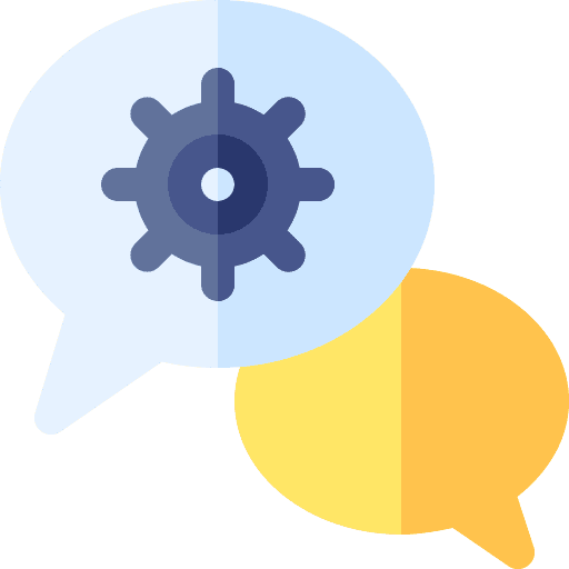 Icon mit zwei Sprechblasen – eine hellblaue mit einem Zahnrad-Symbol und eine gelbe, symbolisierend technischen Support oder Konfiguration im Chat.