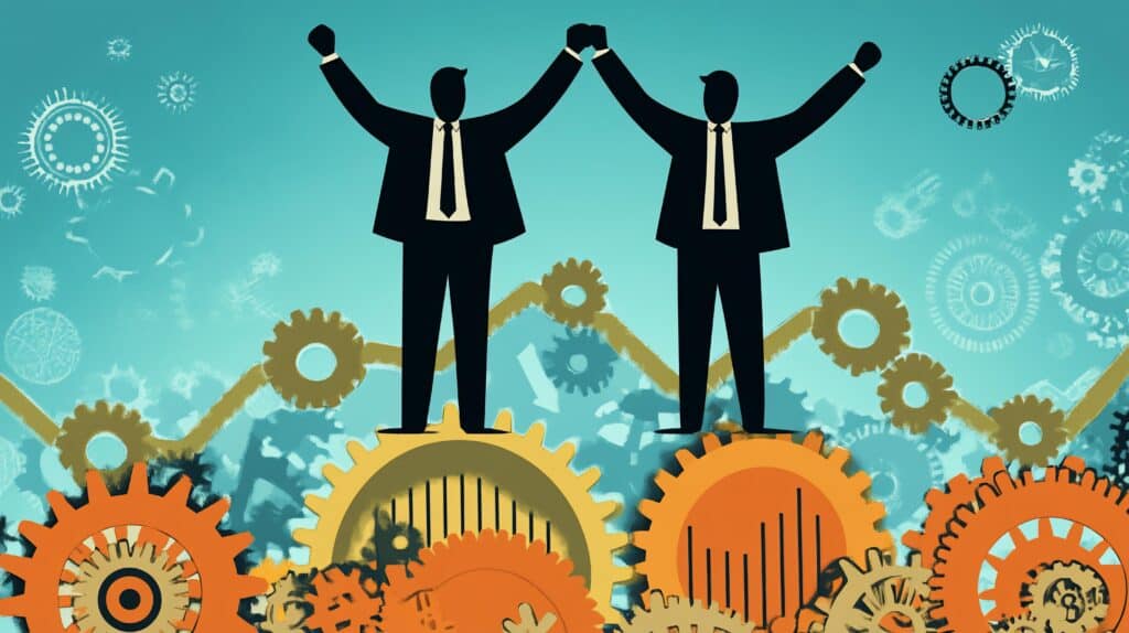 Two businessmen celebrating success atop gears