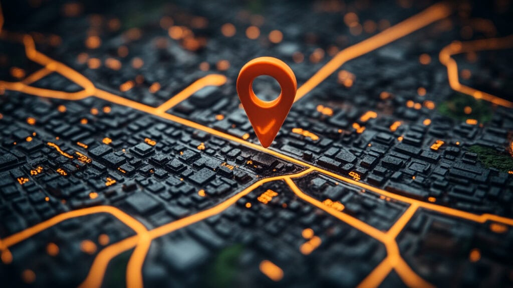Urban map marker location city streets night lights navigation