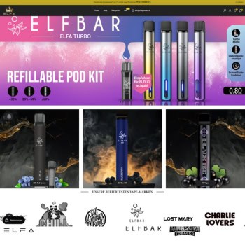 Online-Shop für Vape-Produkte mit modernen Bannern und Markenlogos.