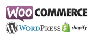 Logos der Plattformen WooCommerce, WordPress und Shopify – E-Commerce- und CMS-Lösungen